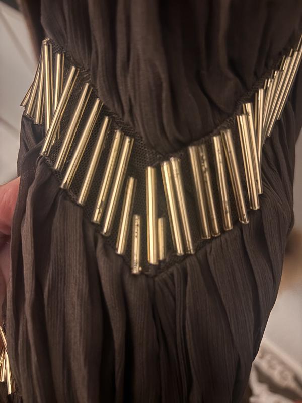 ASOS DESIGN slouchy embellished panel mini dress with uneven hem in chocolate