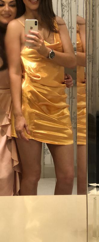 white christmas dresses Rent Asos Design Satin Bandeau Drape Twist Mini Dress With Cut Out Detail  In Gold main image 1