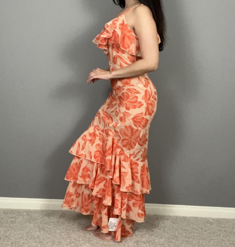 ASOS DESIGN sheer ruffle shoulder asymmetric hem maxi dress