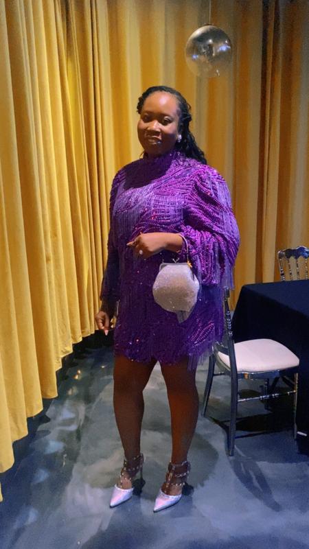 ASOS EDITION Curve beaded fringe and sequin mini dress with blouson sleeve  in purple | ASOS