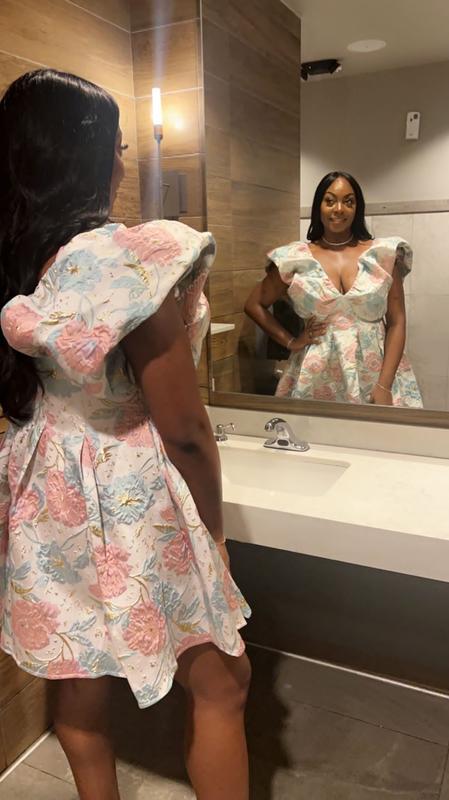 asos luxe floral jacquard bubble plunge dress in pink floral ASOS LUXE floral jacquard bubble plunge dress in pink floral