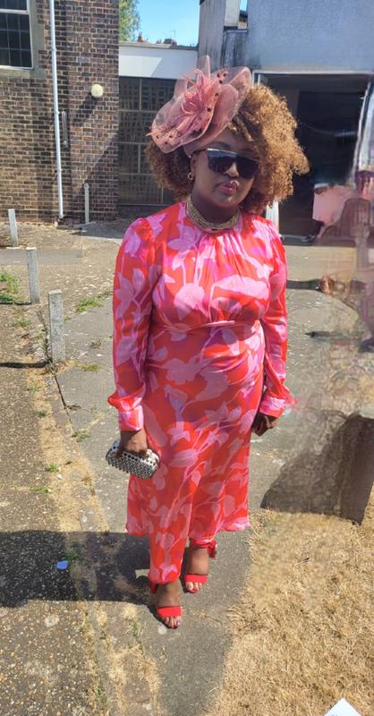 red and pink dress asos ASOS DESIGN one shoulder drawstring maxi dress in red and pink abstract  print