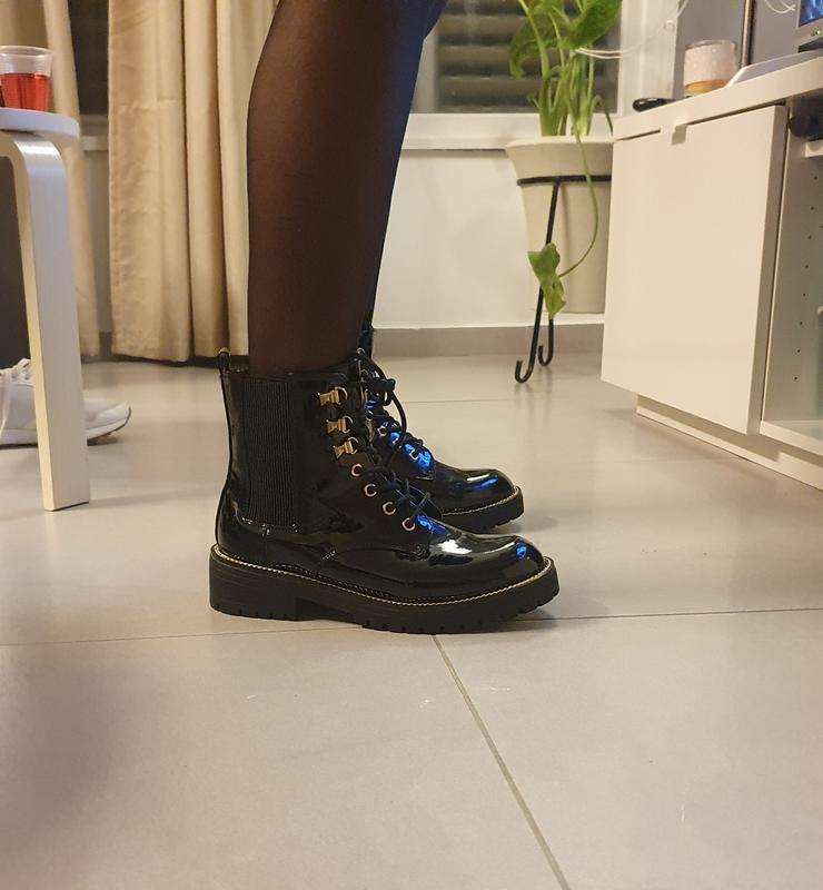 River Island Wide Fit patent chunky lace up boot in black ASOS