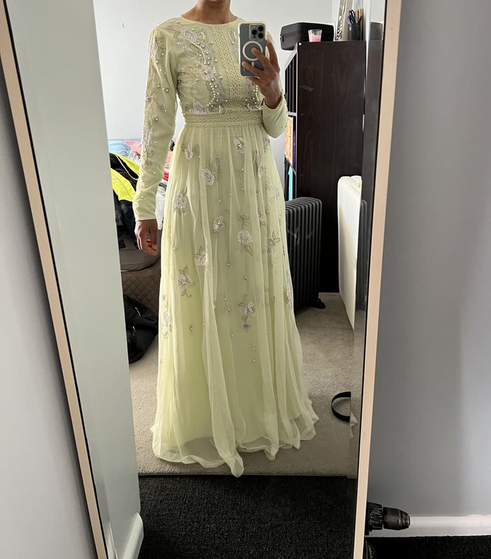 ASOS DESIGN Bridesmaid pearl embellished long sleeve maxi dress with floral  embroidery in sage | ASOS