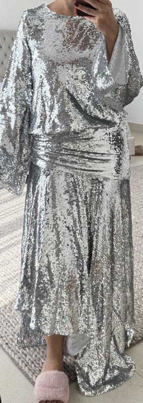 ASOS ARCHIVE all-over sequin embellished long sleeve dropped waist maxi  dress in silver | ASOS