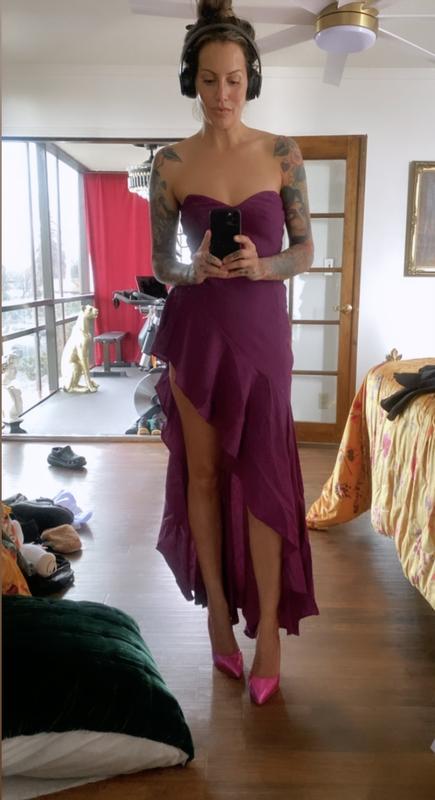 bandeau ruffle asymmetric hem midi dress in purple Oh Polly Nasrin Bandeau Ruffle Asymmetric Hem Midi Dress in Ivory