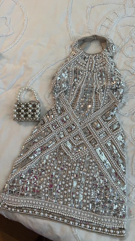 asos silver embellished dress ASOS DESIGN all over sequin mini dress with lace detail in silver