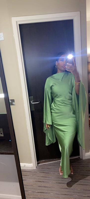 ASOS DESIGN satin maxi dress with extreme drape sleeve and open back in  olive | ASOS