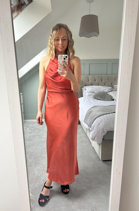 ASOS DESIGN satin drape bodice midi dress in rust | ASOS
