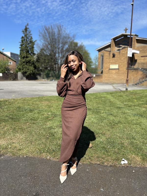 knee length dresses for ladies Rent Asos Design Collared Wrap Midi Dress In Mono Abstract Print main image 0