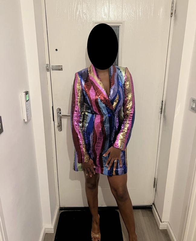 river island sequin blazer dress River Island Petite sequin blazer dress in multi rainbow stripe