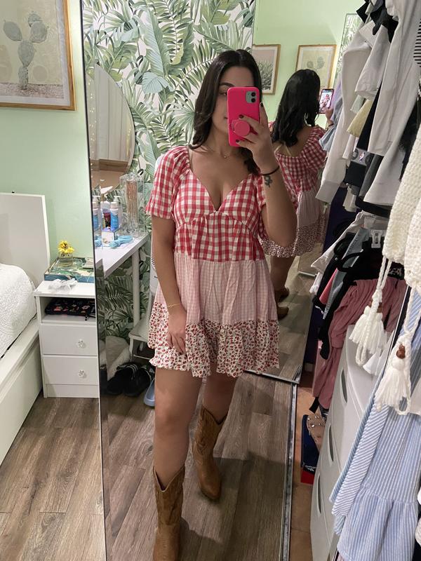 asos design mixed gingham and floral tiered mini smock dress ASOS DESIGN mixed gingham and floral tiered mini smock dress