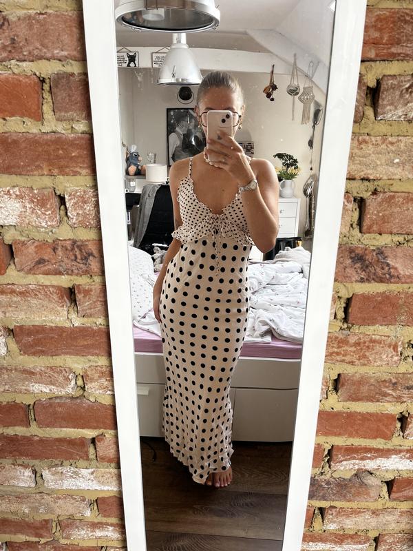 ASOS DESIGN tie front bust ruffle midi dress in polka dot print | ASOS