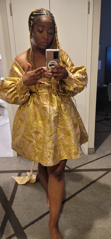 ASOS LUXE barbot baby doll puff sleeve mini dress in gold jacquard