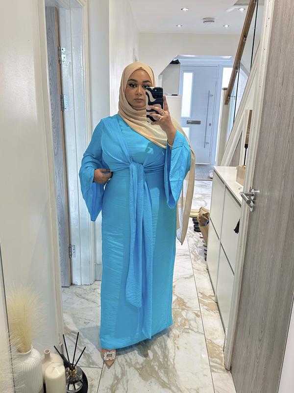 ASOS DESIGN high neck maxi dress with wrap waist and fluted sleeve in  turquoise | ASOS