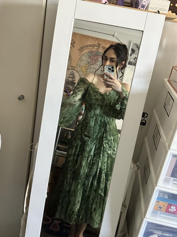 green emerald velvet dress Esme Green Floral Print Frill Detail Maxi Dress  Frock and Frill