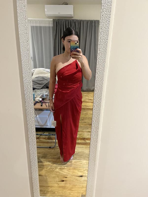 asos red one shoulder dress ASOS DESIGN one shoulder draped maxi dress with cape detail in red