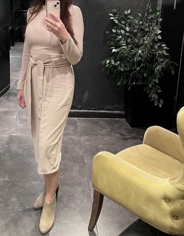 knee length dresses for ladies Rent Asos Design Long Sleeve Knot High Split Satin Midi Dress In Olive  Green main image 1