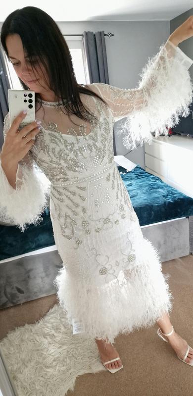 Asos edition embellished showgirl midi dress with faux feathers 2025