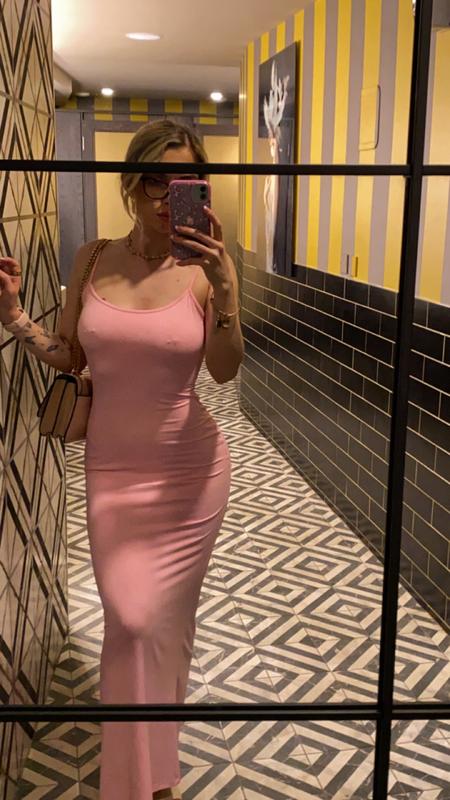 Bershka strappy soft shaping maxi dress in light pink | ASOS