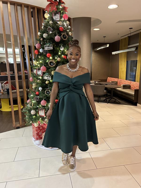 ASOS DESIGN twist off the shoulder prom skater midi dress in forest green |  ASOS