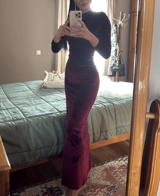 long sleeve velvet dress asos ASOS DESIGN velvet super wide v neck maxi dress with long sleeves in navy