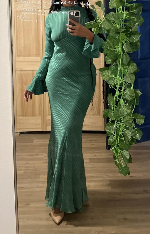 ASOS DESIGN high neck maxi dress with flared cuff in green satin stripe |  ASOS