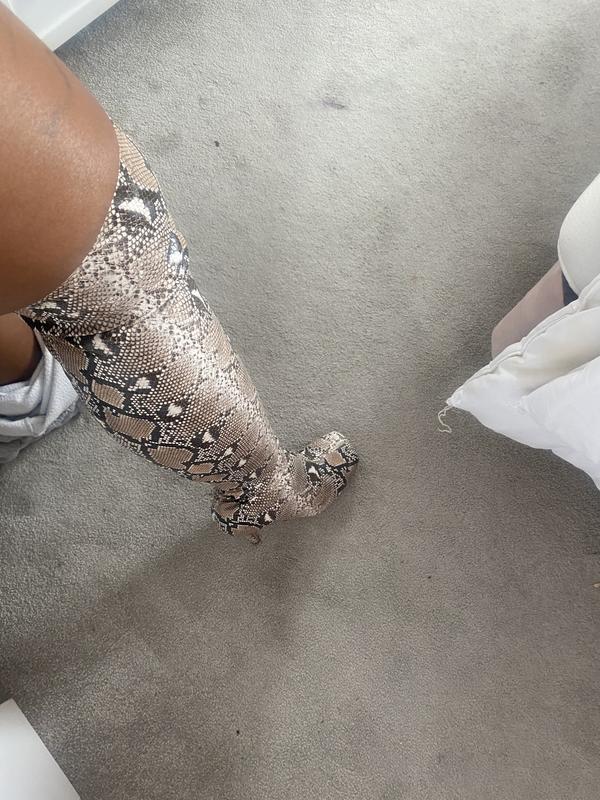 Ego That Glow thigh high heel boots in natural snake ASOS