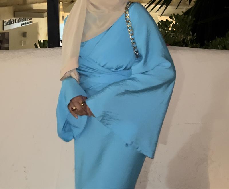 ASOS DESIGN high neck maxi dress with wrap waist and fluted sleeve in  turquoise | ASOS