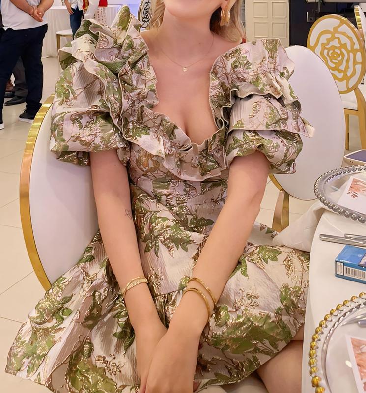 ASOS LUXE floral jacquard puff sleeve skater mini dress in green