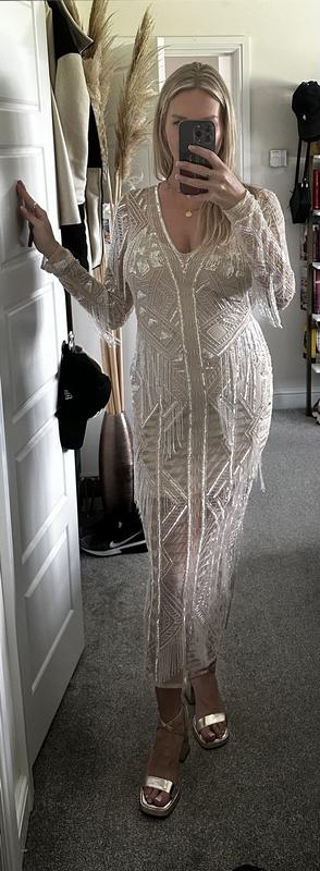 asos beaded maxi dress EDITION embellished open back with fringe in cream Size:38W x 30L