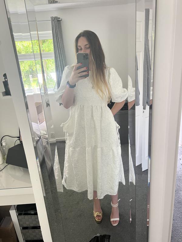 ASOS DESIGN jacquard tiered midi dress with bellow pockets