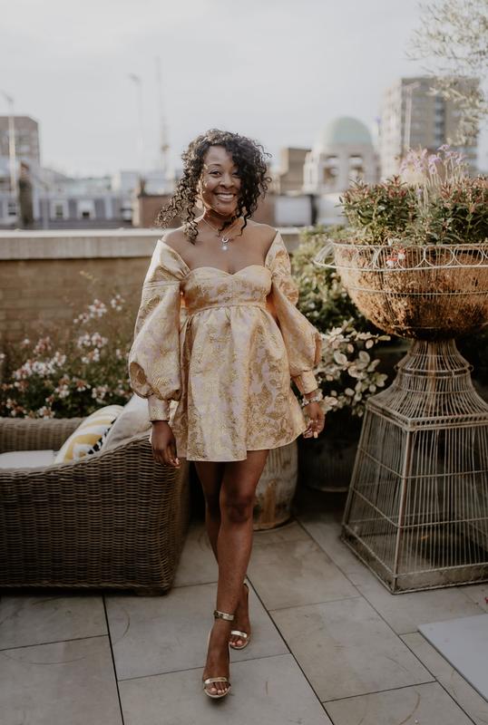 ASOS LUXE barbot baby doll puff sleeve mini dress in gold