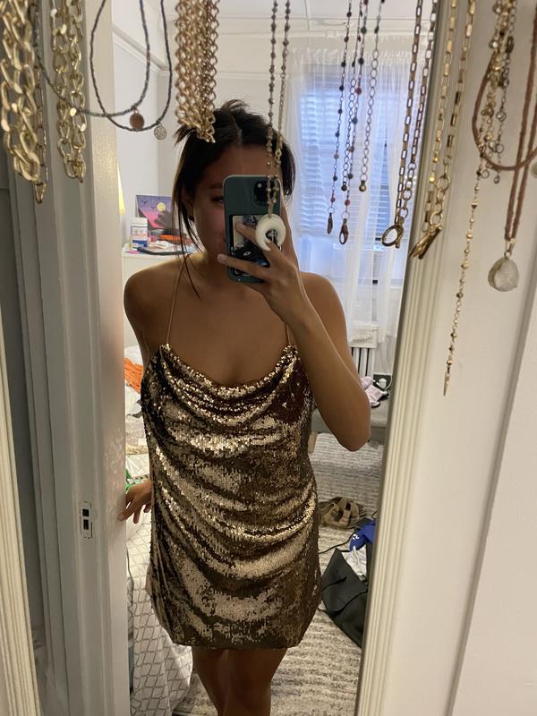 asos design cowl neck all over sequin mini cami dress ASOS LUXE cowl neck all over sequin mini cami dress in gold