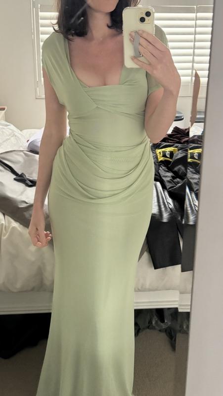 sage green dress asos DESIGN draped mesh asymmetric sleeve maxi in white wedding gown