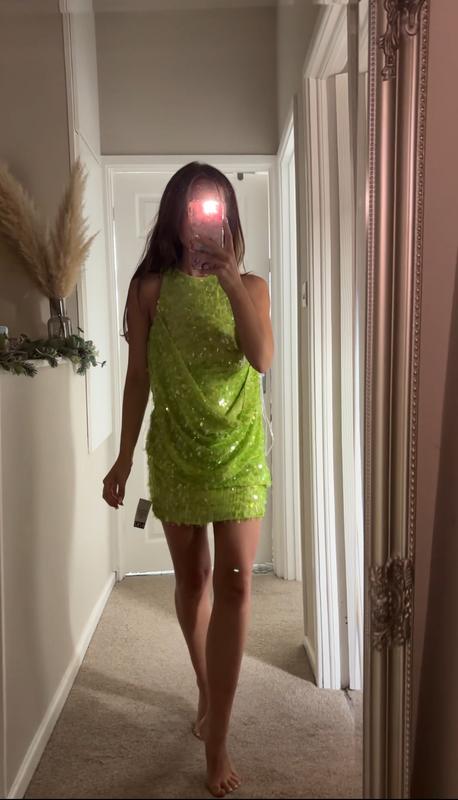 Sequin Dress Asos Neon Green Dress ASOS DESIGN Embellished Sequin Draped  Front Mini Dress With High