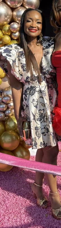 ASOS LUXE floral jacquard bubble plunge dress in blue and gold