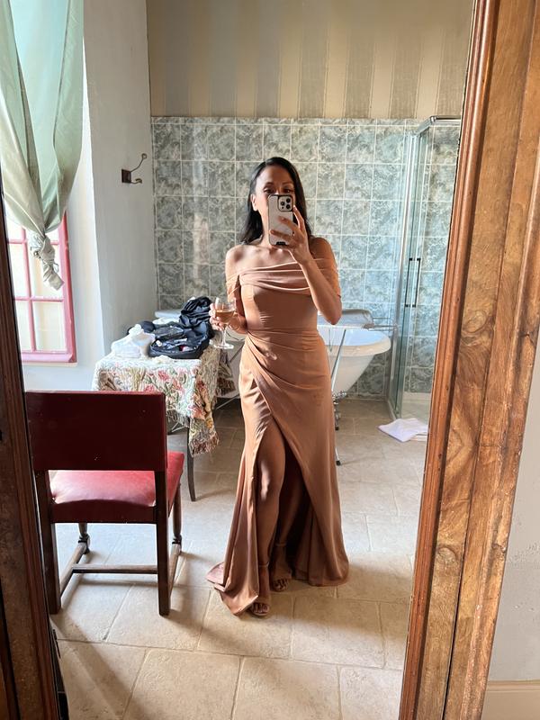 chinese dress ladies Rent Asos Edition Satin Bardot Drape Wrap Maxi Dress In Cinnamon Rose