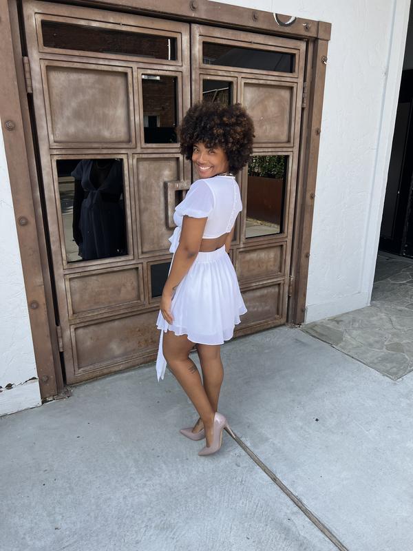 ASOS DESIGN Petite soft tiered mini dress with tie waist detail in white |  ASOS