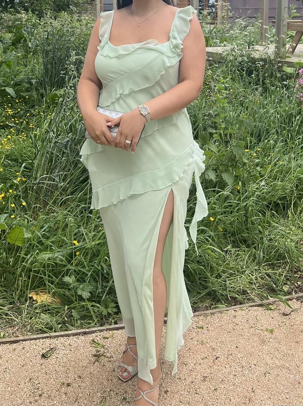 Light Green Asymmetric Ruffled Slit Hem Chiffon Midi Dress | New Look