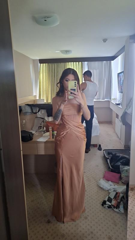 khaki satin draped bandeau corset midaxi dress ASOS DESIGN satin draped bandeau bias maxi dress with corset detail in tan