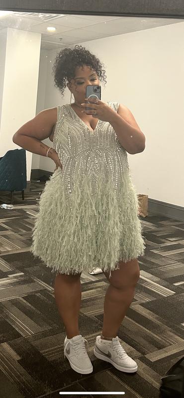 ASOS EDITION Curve crystal and bead mini dress with faux feather hem in  sage green | ASOS