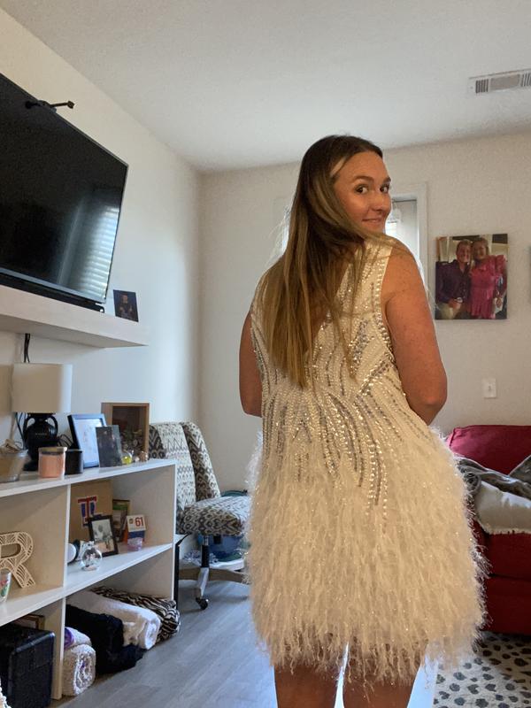 ASOS EDITION crystal and bead mini dress with faux feather hem in white |  ASOS