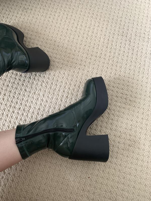 ASOS DESIGN Elsie high heel sock boots in dark green patent
