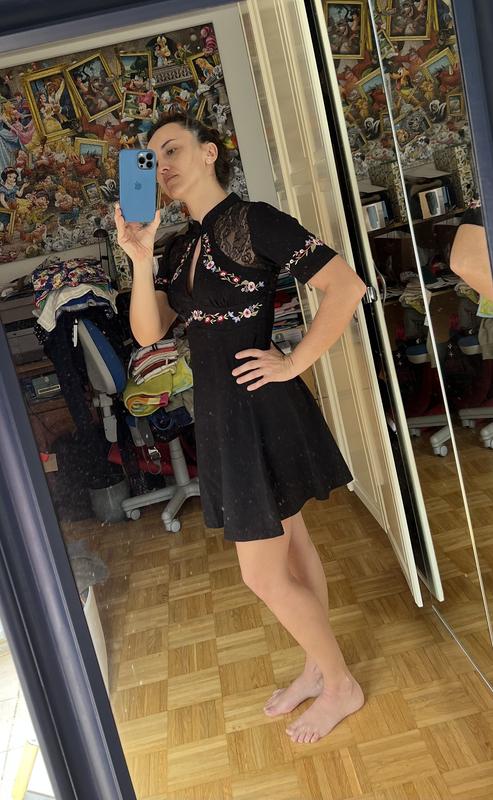 ASOS DESIGN short sleeve mini dress with lace detail and floral embroidery  in black