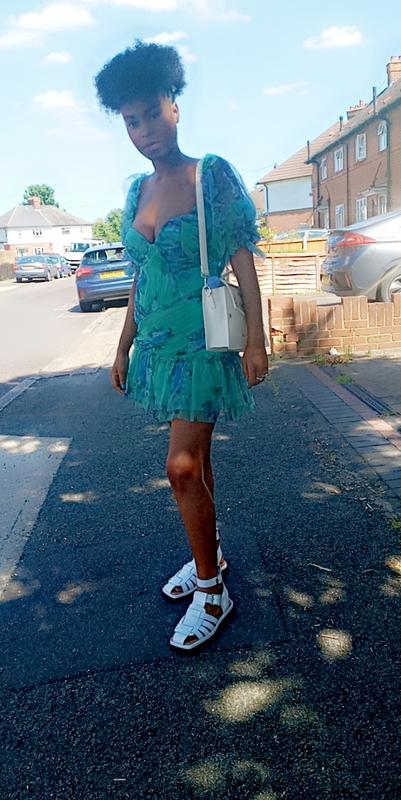 blue floral chiffon puff sleeve ruched bodycon dress floral neck dress elegant puff sleeve ruffle