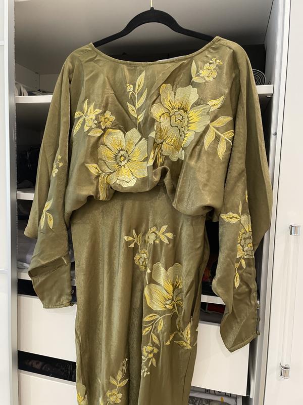 ASOS DESIGN satin large floral embroidery long sleeve maxi dress in olive  green | ASOS