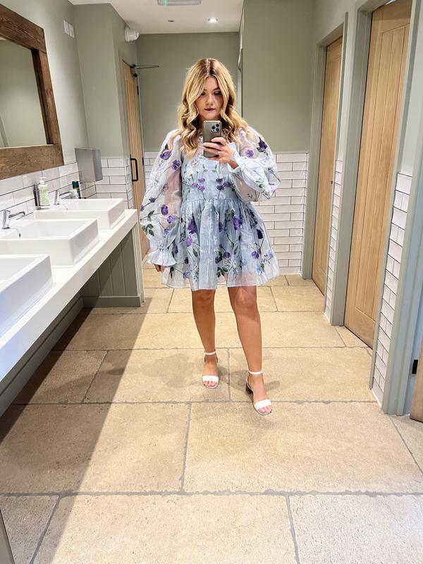 knee length dresses for ladies Charming blue hydrangea-patterned organza midi dress, Garden of Eden main image 0