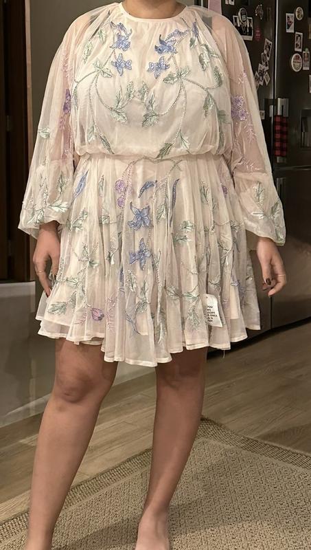 ASOS EDITION floral embroidered mesh mini dress with blouson sleeve in pale  pink | ASOS