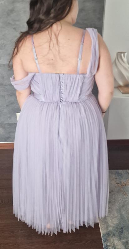 princess polly baby blue dress ASOS DESIGN Bridesmaid off shoulder tulle midi dress with tie back and  pleated skirt in lilac